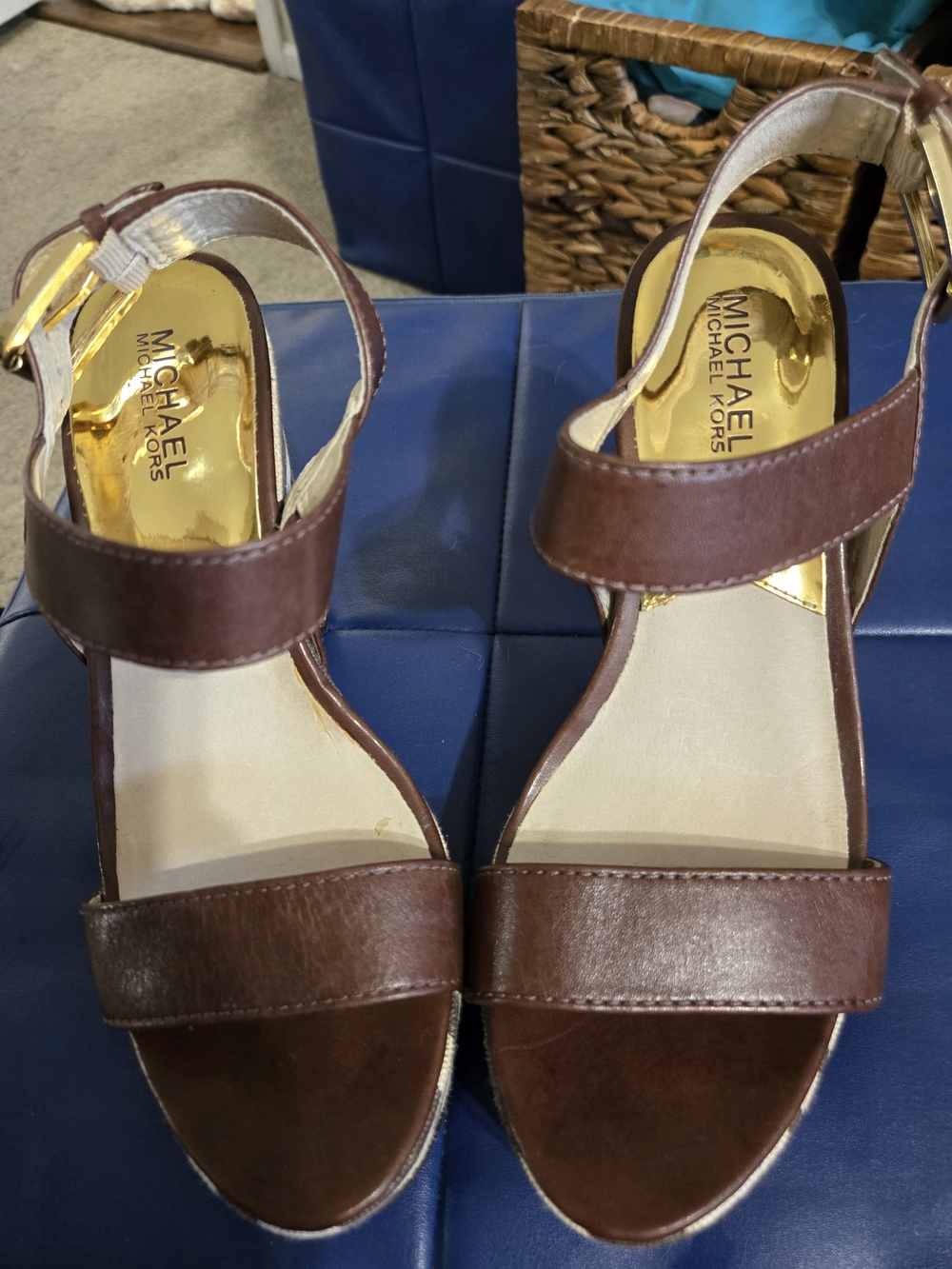 Michael Kors Brown Leather Two-Strap Wedge Sandals